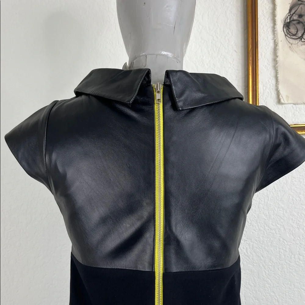 Alice + Olivia Leather Collar Shift Mini Dress Mixed Media A Line - Picture 6 of 9